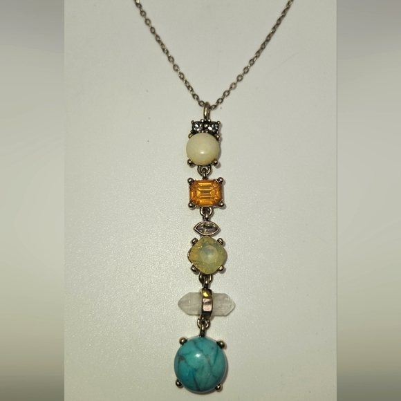 ๐ข3/$19๐ข LOFT Long Gemstone Necklace Gold Tone Real Quartz Faux Turquoise - Picture 5 of 7